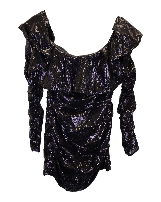 Feminine Elegant The Attico Off-The-Shoulder Sequined Mini Dress in Black Polyester