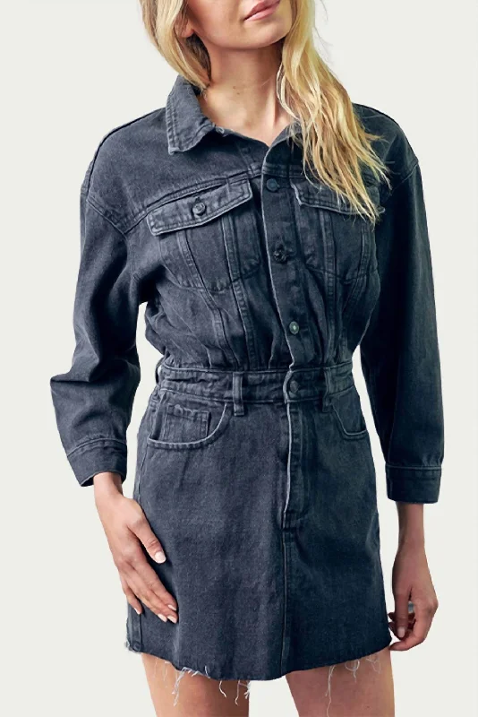 Clearance Event Denim Raw-Edge Mini Dress in Washed Black