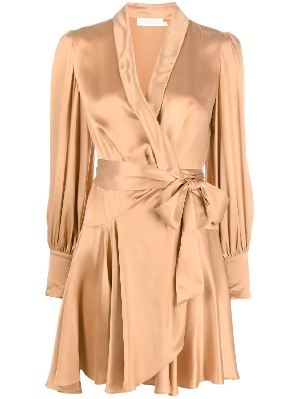 Vintage Look Silk Wrap Mini Dress In Sand