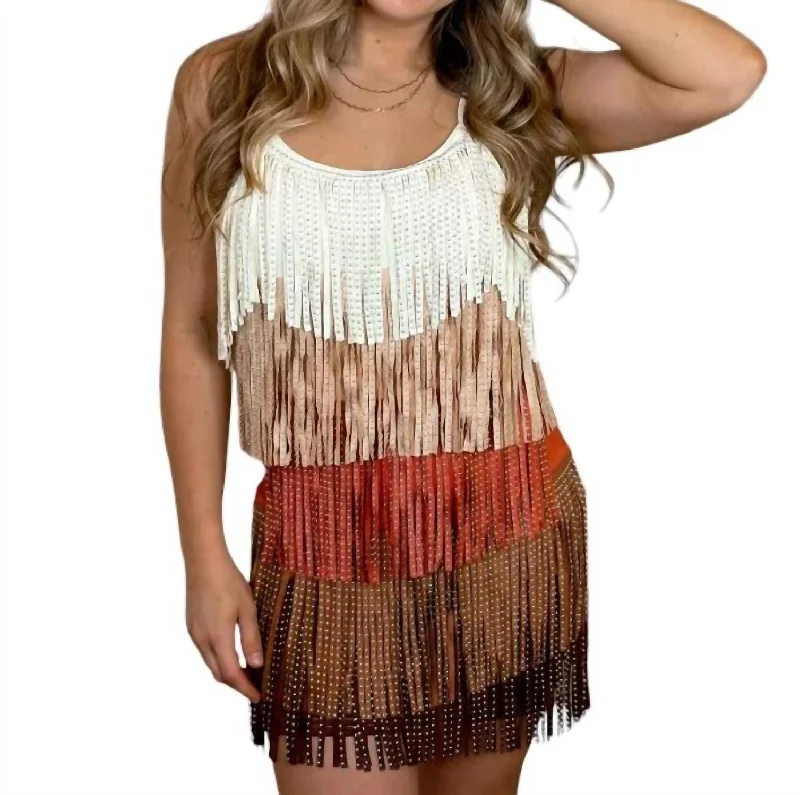 Sleek Design Western Fringe Mini Dress In White Multi