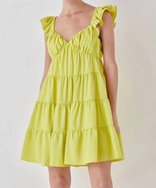 Feminine Elegant Ruffle Sweetheart Flounced Mini Dress In Lime