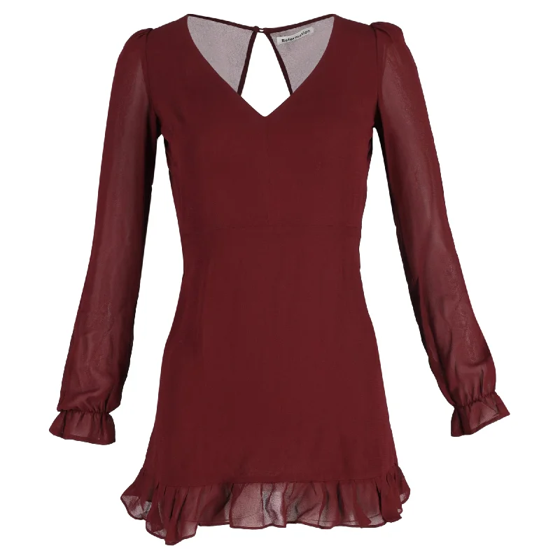 Vintage Look Reformation Long Sleeve Mini Dress in Burgundy Polyester