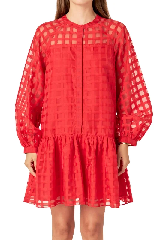 Effortless Comfort Check Organza Buttoned Long Sleeve Mini Dress In Red