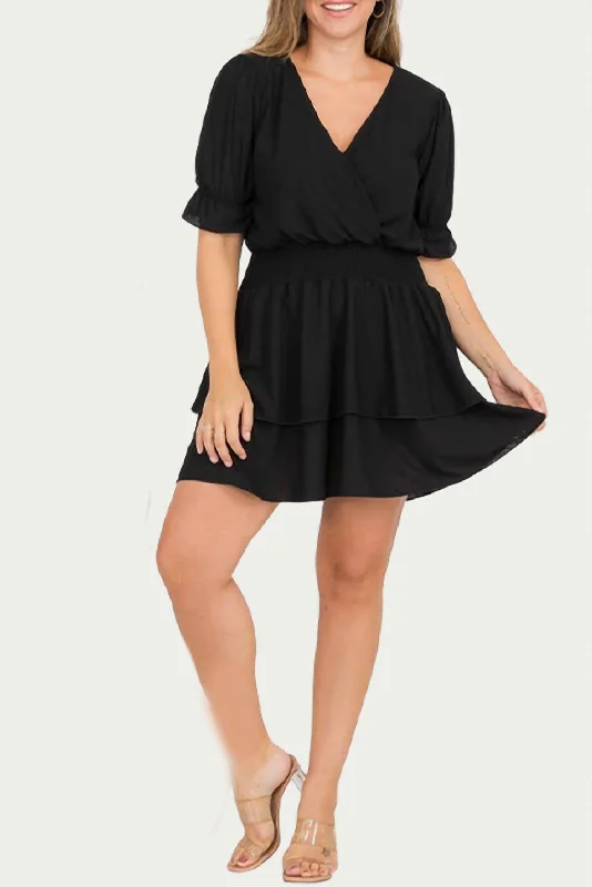 Feminine Elegant Smocked Surplice Woven Mini Dress In Black