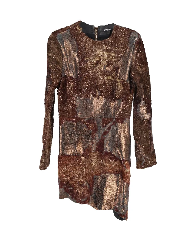 Casual Chic Balmain Metallic Long-Sleeve Mini Dress in Brown Leather