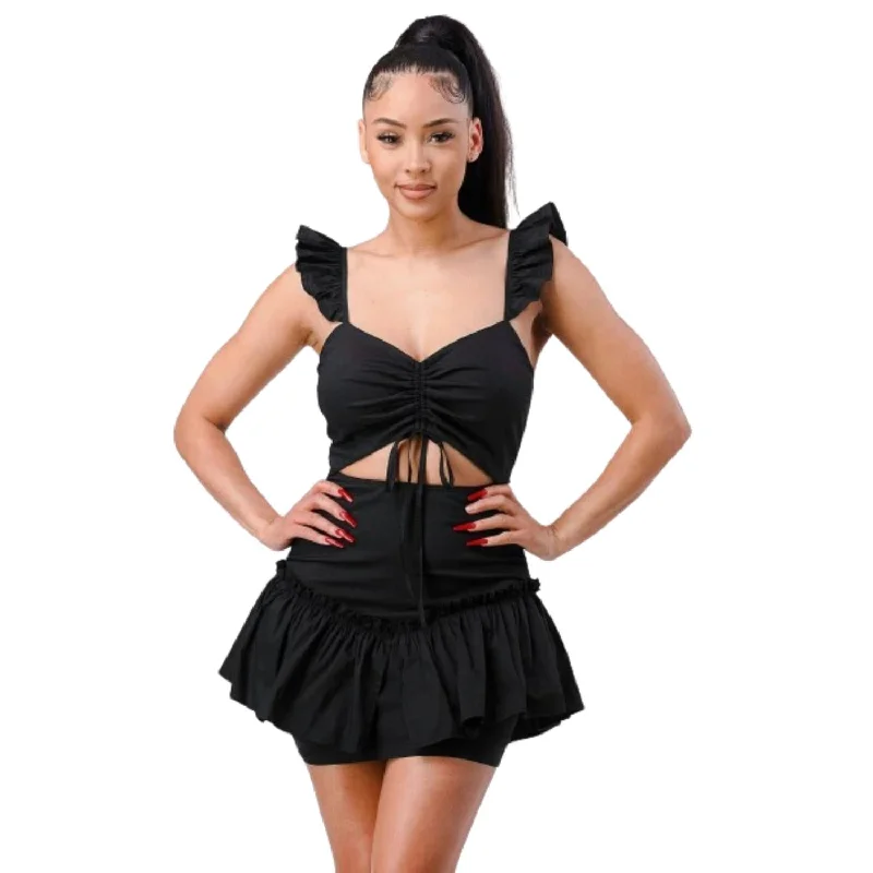 Sweetheart With Drawstring Bow Cutout Ruffled Flutter Sleeves Mini Dress