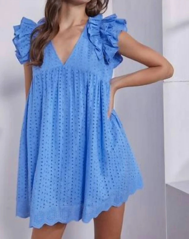 Evening Looks Singing The Blues Eyelet Babydoll Mini Dress In Vista Blue