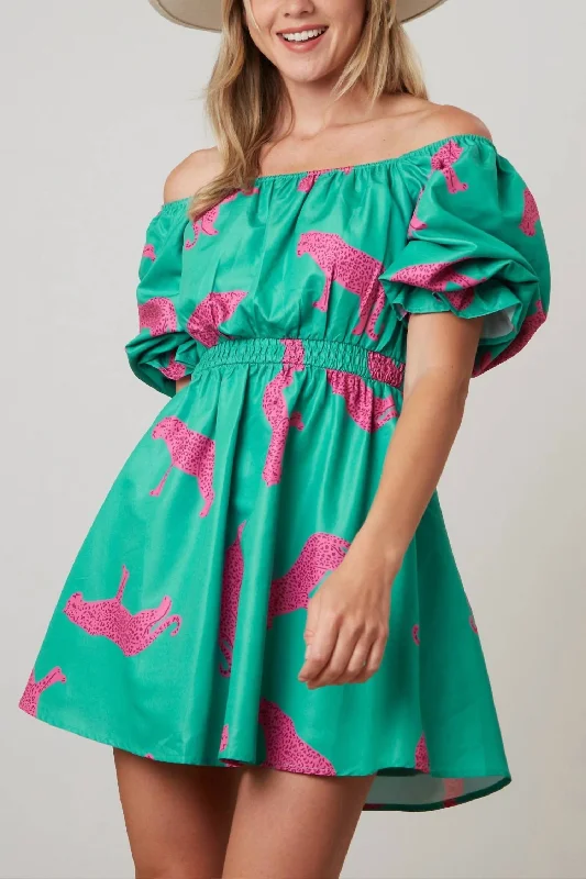 Boho Chic Poplin Mini Dress In Green/pink Cheetah