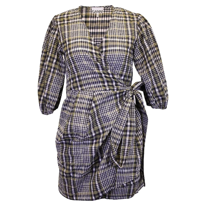 Elegant Ensemble Ganni Wrap Mini Dress in Plaid Brown Cotton