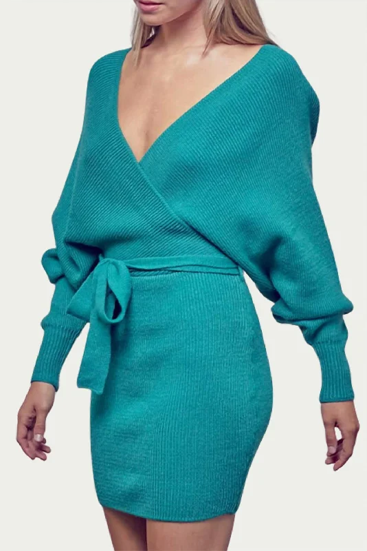 Last Chance Sale Wrap-Effect Ribbed-Knit Mini Dress in Jade