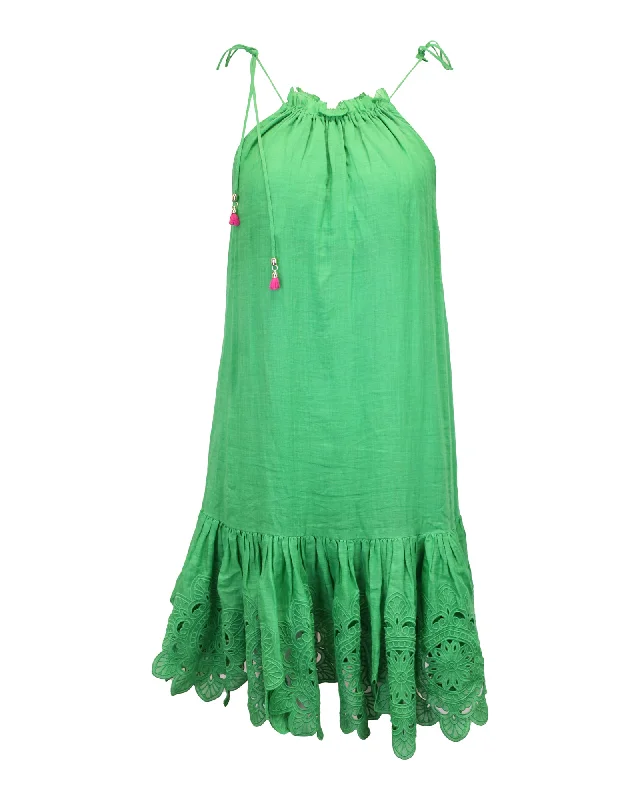 Minimalist Elegant Zimmermann Teddy Gathered Broderie Anglaise Mini Dress in Green Ramie