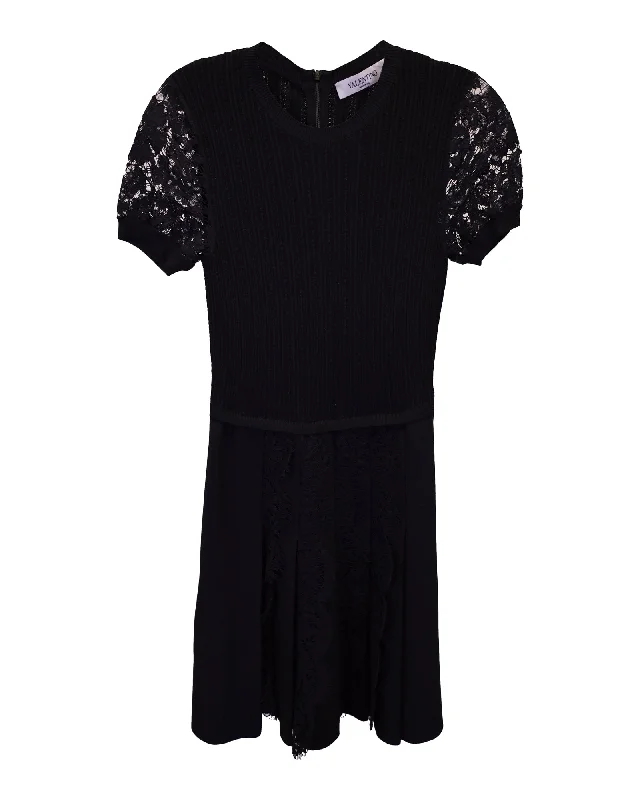 Effortless Comfort Valentino Lace-Paneled Pleated Mini Dress in Black Viscose