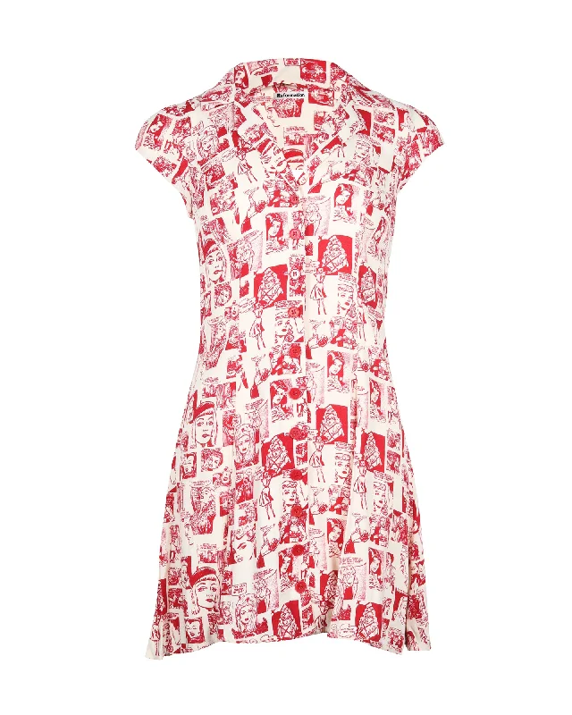 Flowing Silhouette Reformation Comic Print Mini Dress in Cream Viscose