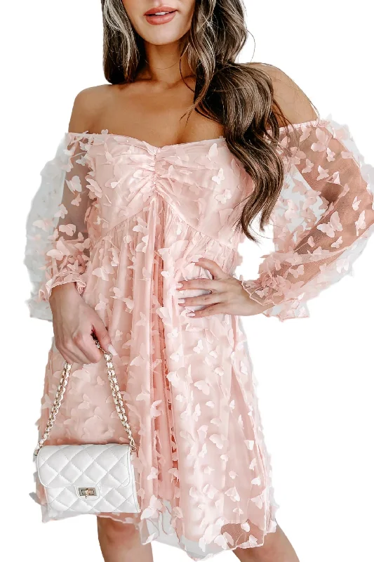 Butterfly Organza Babydoll Mini Dress In Pink