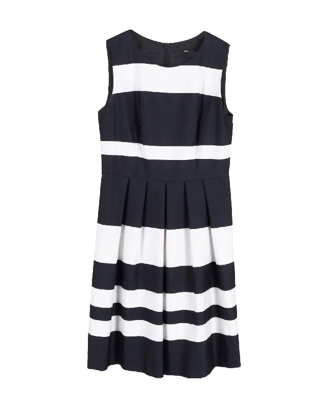 Flowing Silhouette Boss by Hugo Boss Stripe Pleated Mini Dress in Blue Polyester