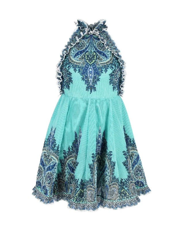 Exquisite Craftsmanship Zimmermann Moncur Ruffle-Neck Printed Mini Dress in Turquoise Polyester