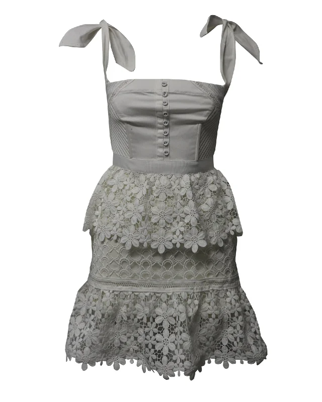 Seasonal Trend Self Portrait Ribbon Guipure Lace Tiered Mini Dress in White Polyester