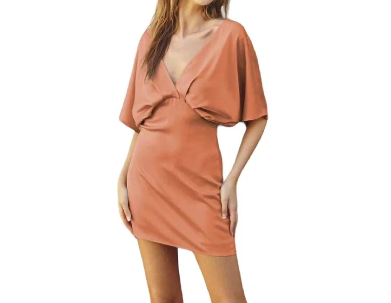 Effortless Grace Plunging Midline Mini Dress In Coral Haze