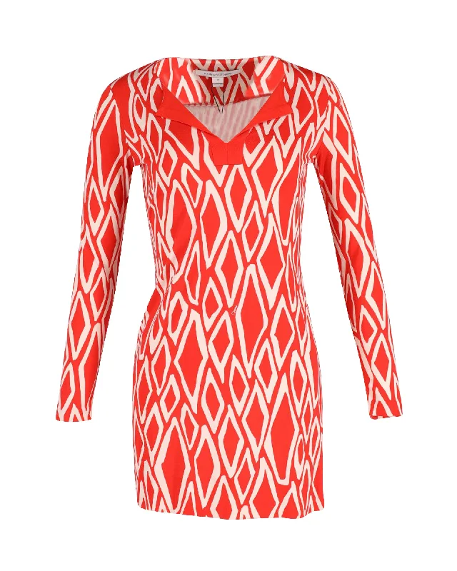 Formal Outfit Diane Von Furstenberg Printed Mini Dress in Coral Red Silk