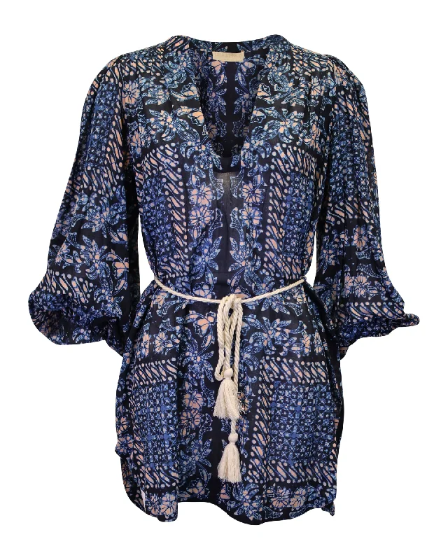 Timeless Elegant Ulla Johnson Nerissa Belted Printed Cover-Up Mini Dress in Blue Cotton Viscose