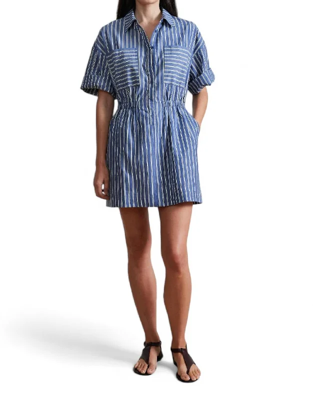 Feminine Elegant Palmera Mini Dress In Indigo Stripe