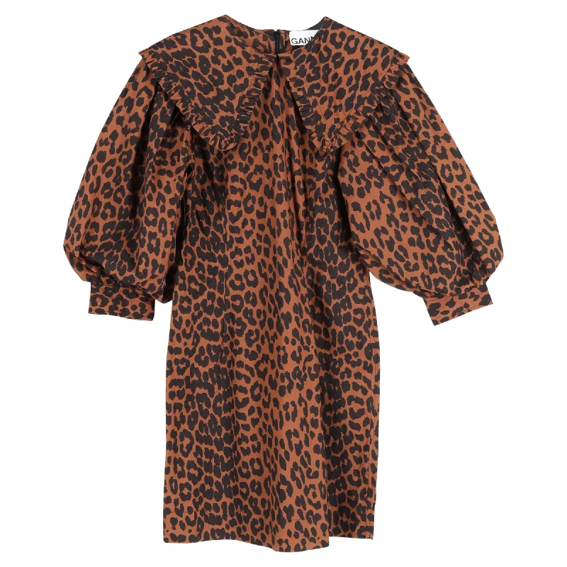 Boho Chic Ganni Poplin Mini Dress in Animal Print Cotton