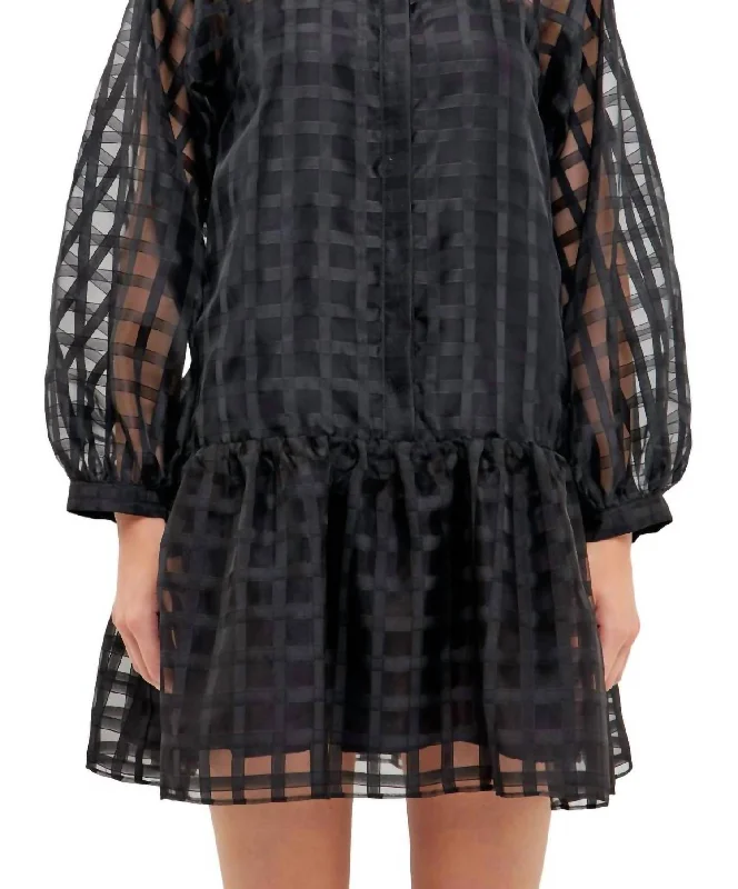 Check Organza Buttoned Long Sleeve Mini Dress In Black