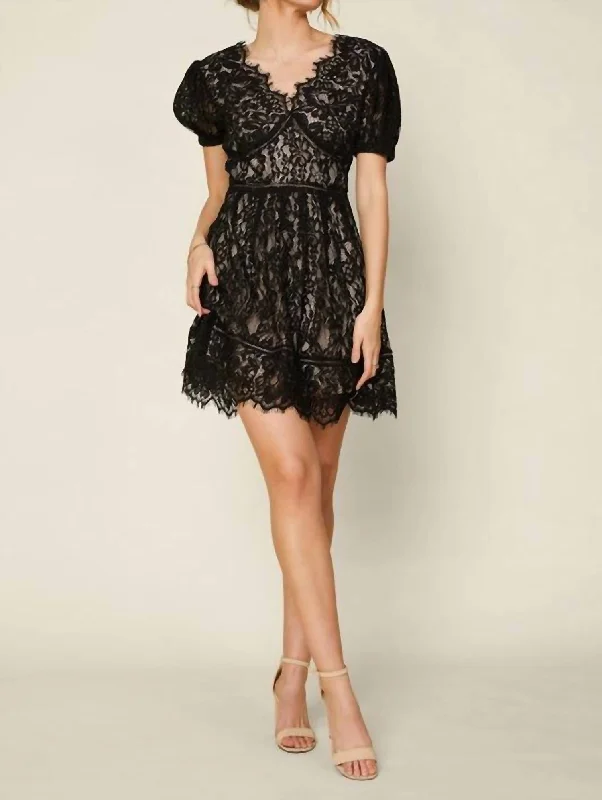 Lighten Up With Nordic Styles The Alva Short Sleeve Lace Trim Mini Dress In Black