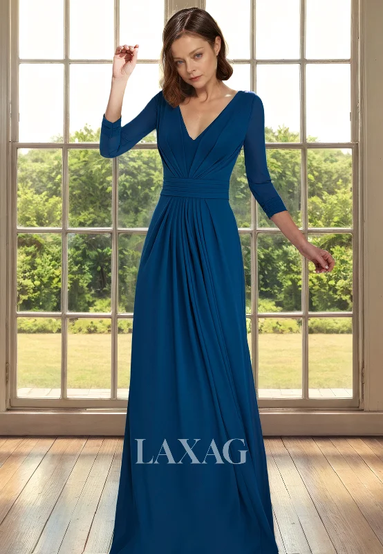 Evening Looks A-Line V-Neck Quarter Sleeves Sleek Satin Mother of the Bride Dress with Train