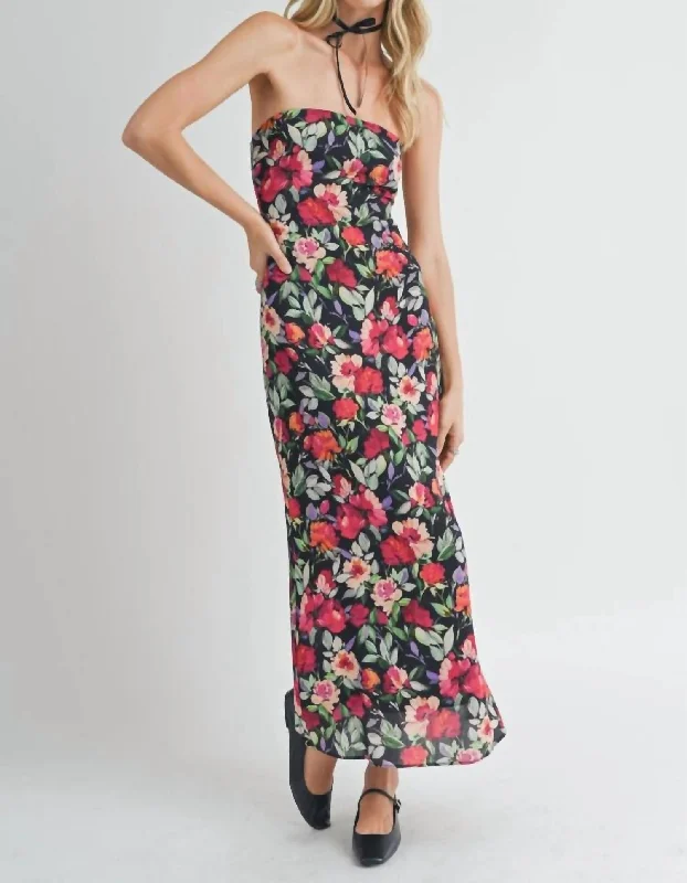 Buy More, Save More Night Out Strapless Floral Midi Dress In Black Multi