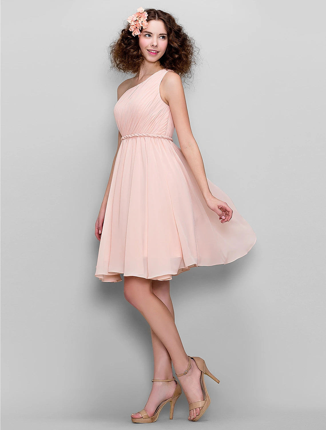 Seasonal Sale A-Line / Ball Gown One Shoulder Knee Length Chiffon Bridesmaid Dress with Sash / Ribbon / Side Draping