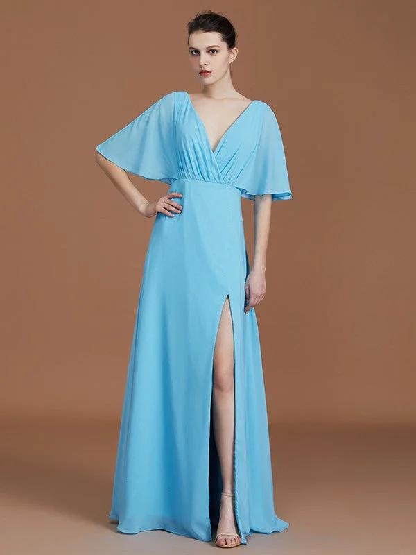 Fashion-Forward Outfits A-Line/Princess V-neck 1/2 Sleeves Floor-Length Chiffon Bridesmaid Dresses