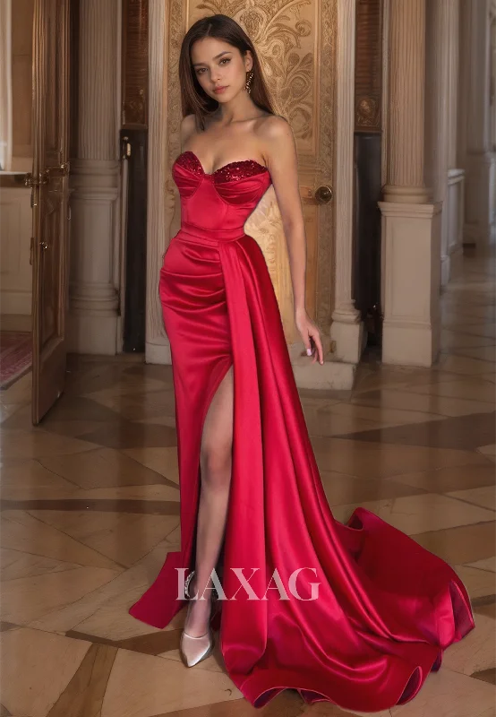 Mother'S Day Special Strapless Sweetheart Sheath&Column High Slit Pleated Satin Evening Prom Dress