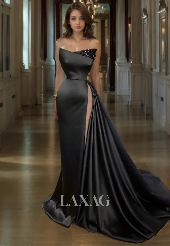 Summer Splash Sale A-Line Strapless Beaded High Slit Sleek Satin Party Prom Formal Evening Dress with Train