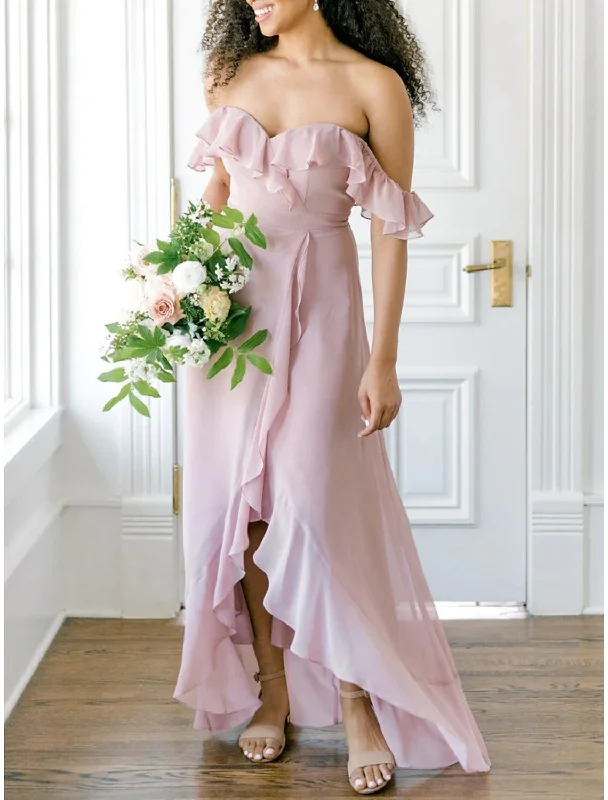 Elevate Your Wardrobe A-Line Bridesmaid Dress Off Shoulder Short Sleeve Elegant Asymmetrical Chiffon with Ruffles / Split Front / Ruching