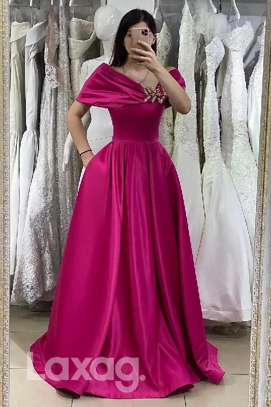 Beat The Heat In Tropical Styles 14778 - Off Shoulder V Neck Simple Satin Rosy Pink Prom Gown