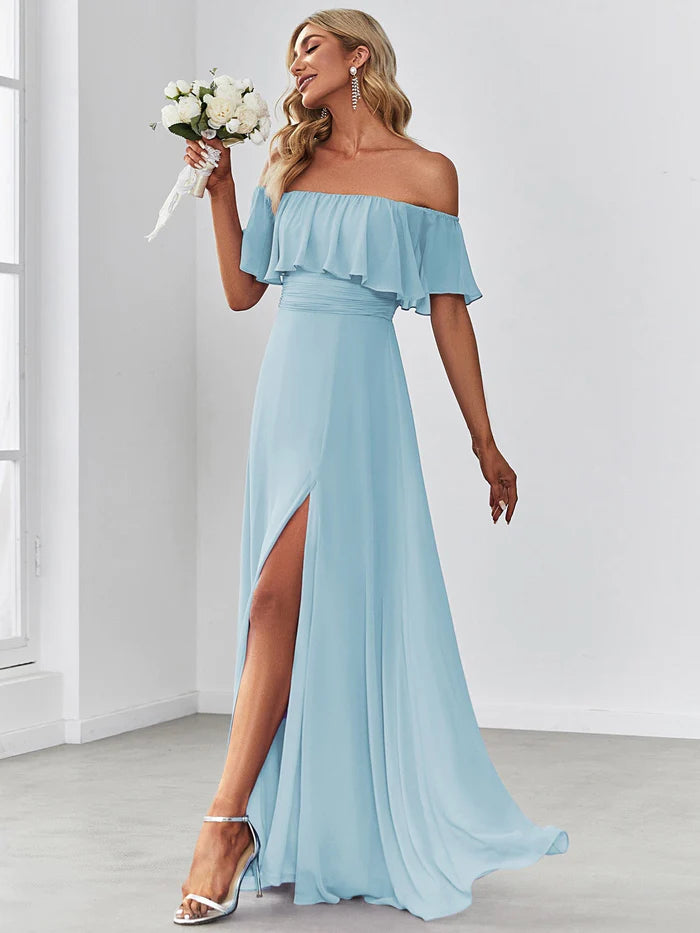 Wardrobe Update Ruffle Off-Shoulder Side Slit Long Chiffon Bridesmaid Dress