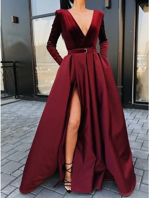 Pastel Styles Sexy Slit Evening Dress V-Neck Burgundy Evening Gowns Party Dresses cg1698