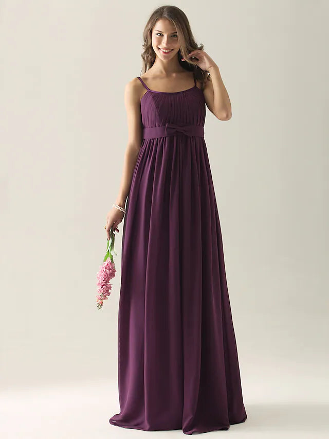 Wardrobe Essentials A-Line Bridesmaid Dress Strap Sleeveless Floor Length Chiffon with Bow(s) Pleats