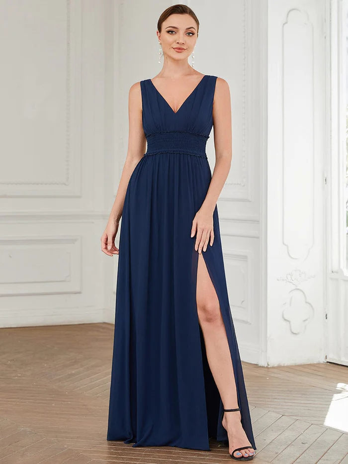 End Of Season Sale Pleated Chiffon V-Neck Sleeveless Front Slit Bridesmaid Dress