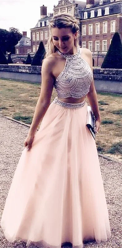 Fashion For Every Occasion Two Piece Prom Dresses Pink Long Formal Dresses Tulle Evening Dress Formal Gowns  cg1317