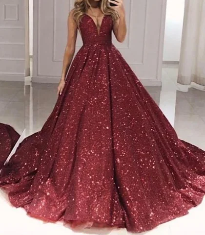 Winter Warm - Up Sale Burgundy Sequins Plunge V-neck Ball Gowns Prom Dresses cg2108