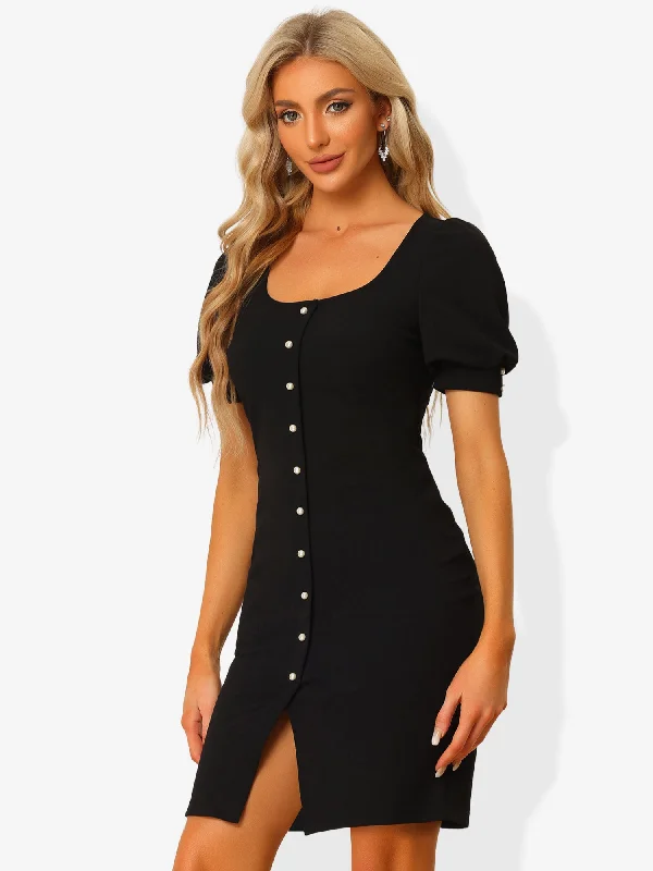 Limited-Time Offer Bodycon Short Sleeve Button Decor Work Office Dress