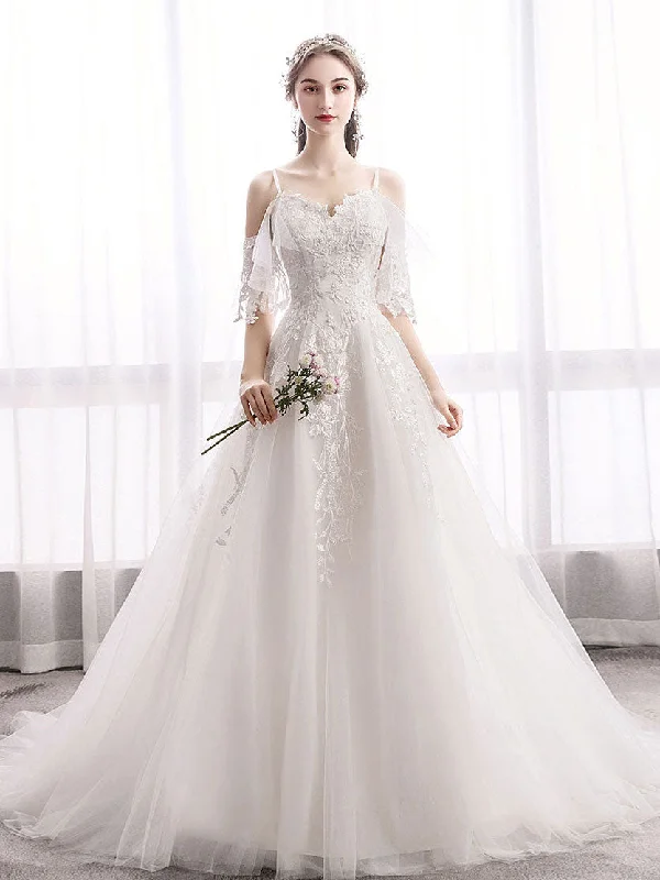 Stylish Looks White Sweetheart Lace Tulle Long Wedding Dress, Lace Bridal Dress