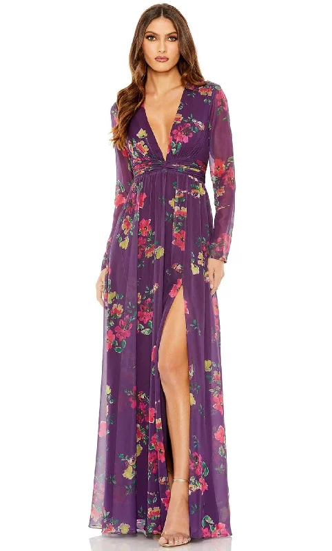 Spring Fashion Ieena Duggal 68558 - Long Sleeve Plunging Neck Long Dress