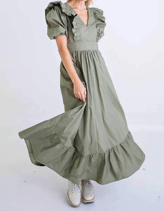 Celebrate With Big Savings Ruffle Puff Sleeve Maxi Dress In Green