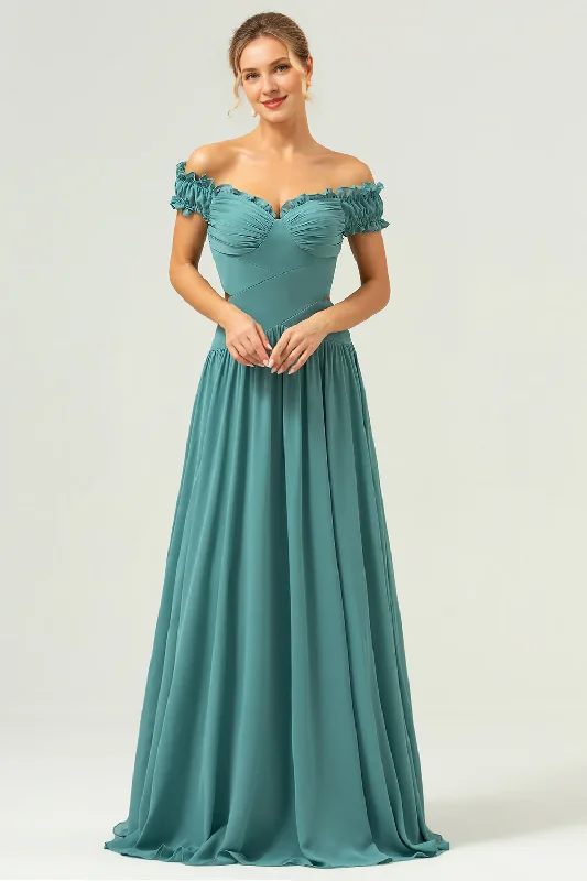 Day-To-Night Styles Eucalyptus A-line off shoulder pleated cut and ground length bridesmaid dress