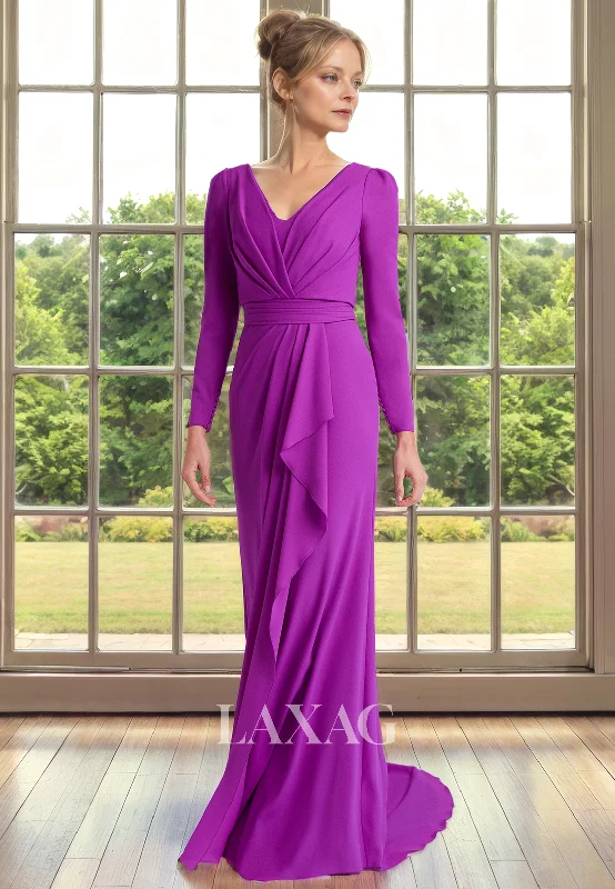 Anniversary Sale V-Neck Long Sleeves Sleek Satin Elegant Mother of the Bride Dress with Train