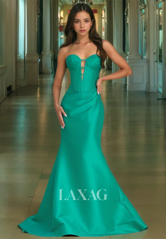 Spring Fashion Sweetheart Sleeveless Mermaid Prom Dress Off-Shoulder Pleated Cutout Satin Sweep Train Party Gowns