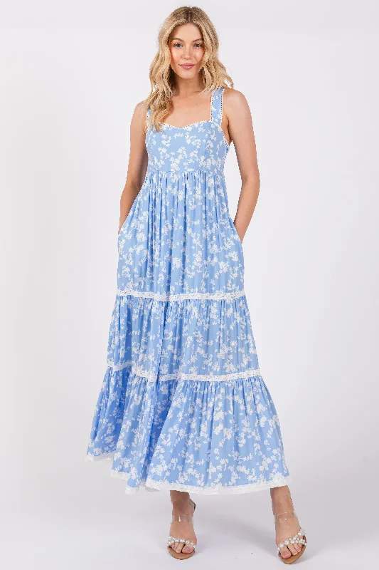 Limited Time Deal Light Blue Floral Lace Trim Tiered Maxi Dress